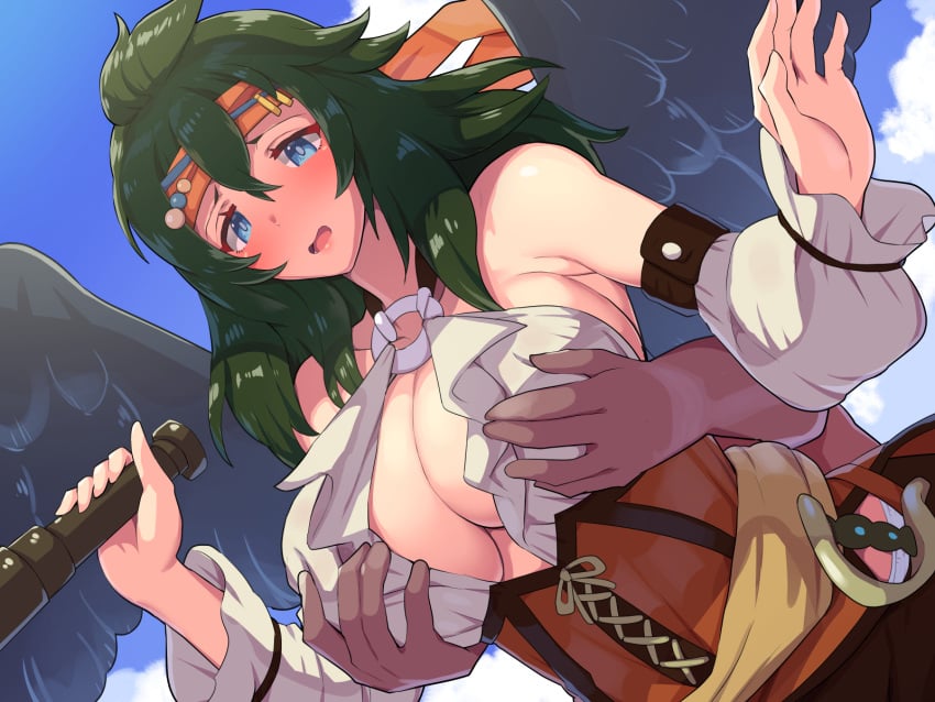 1girls alternate_costume bare_shoulders blue_eyes blush boris_(noborhys) breast_grab breasts cleavage detached_sleeves double_breast_grab embarrassed female fire_emblem fire_emblem:_radiant_dawn fire_emblem_heroes grabbing grabbing_from_behind green_eyes groping hair_between_eyes headband highres laguz_(race) large_breasts looking_at_viewer medium_hair nintendo o-ring o-ring_top open_mouth pirate shocked sideboob solo_focus telescope vika_(fire_emblem) wings