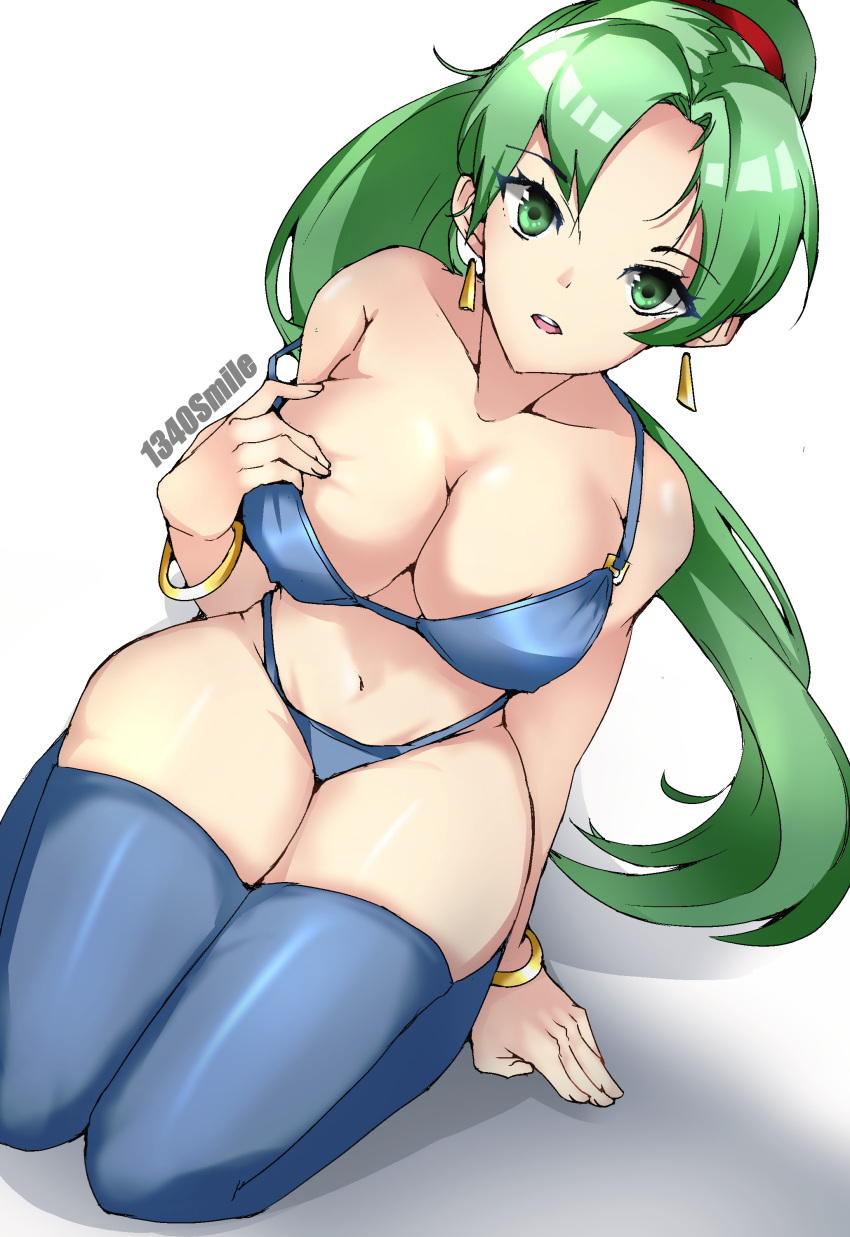 1340smile 1girls bra breasts ear_piercing female female_only fire_emblem fire_emblem:_the_blazing_blade green_eyes green_hair light-skinned_female light_skin long_hair looking_at_viewer lyn_(fire_emblem) lyndis_(fire_emblem) nintendo on_knees open_mouth panties ponytail solo solo_female thigh_highs thighhighs