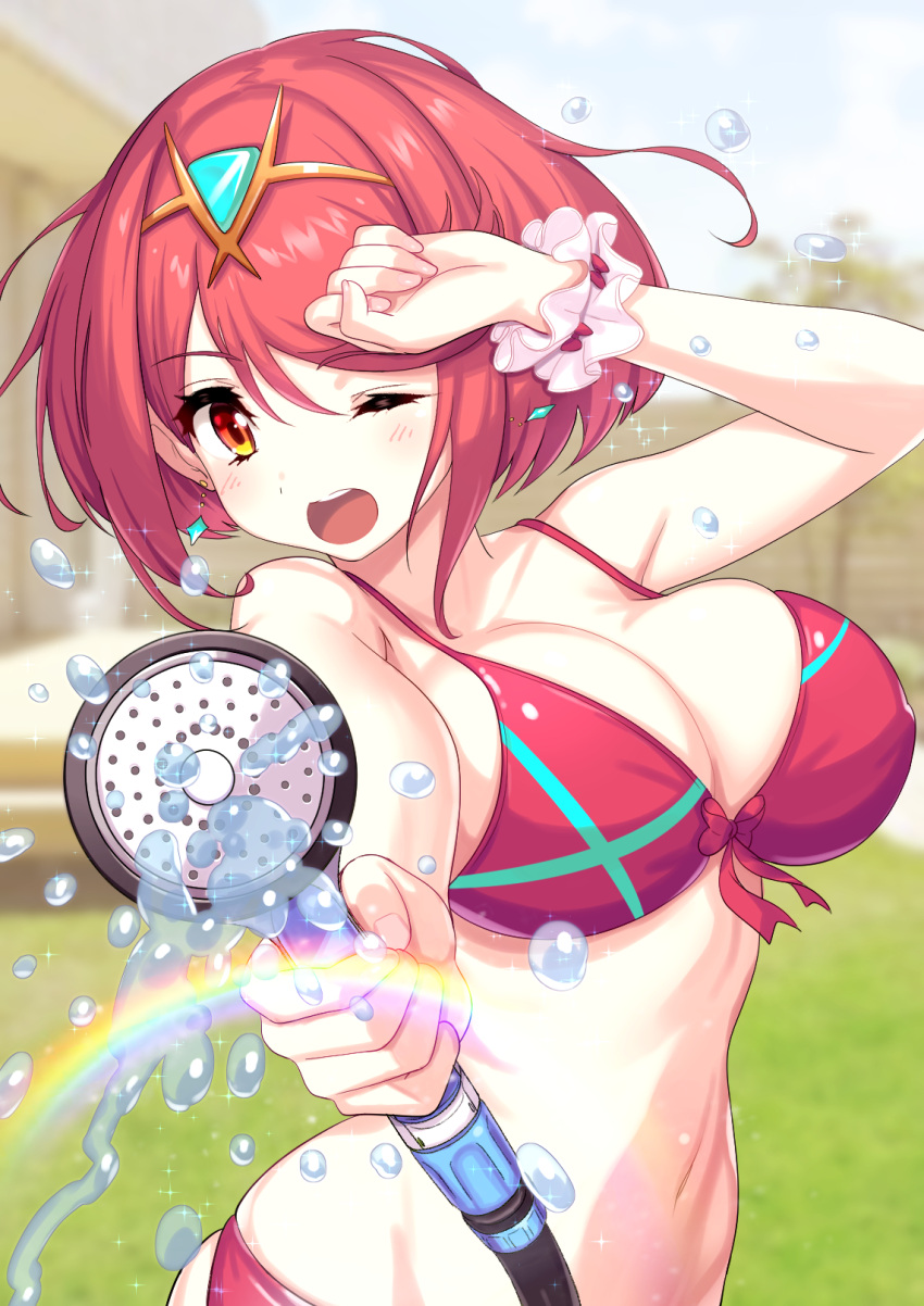 1girls alternate_costume bikini breasts ear_piercing female female_only green322 holding holding_object light-skinned_female light_skin nintendo one_eye_closed open_mouth orange_eyes pyra rainbow red_hair short_hair shower_head solo solo_female swimsuit water xenoblade_(series) xenoblade_chronicles_2