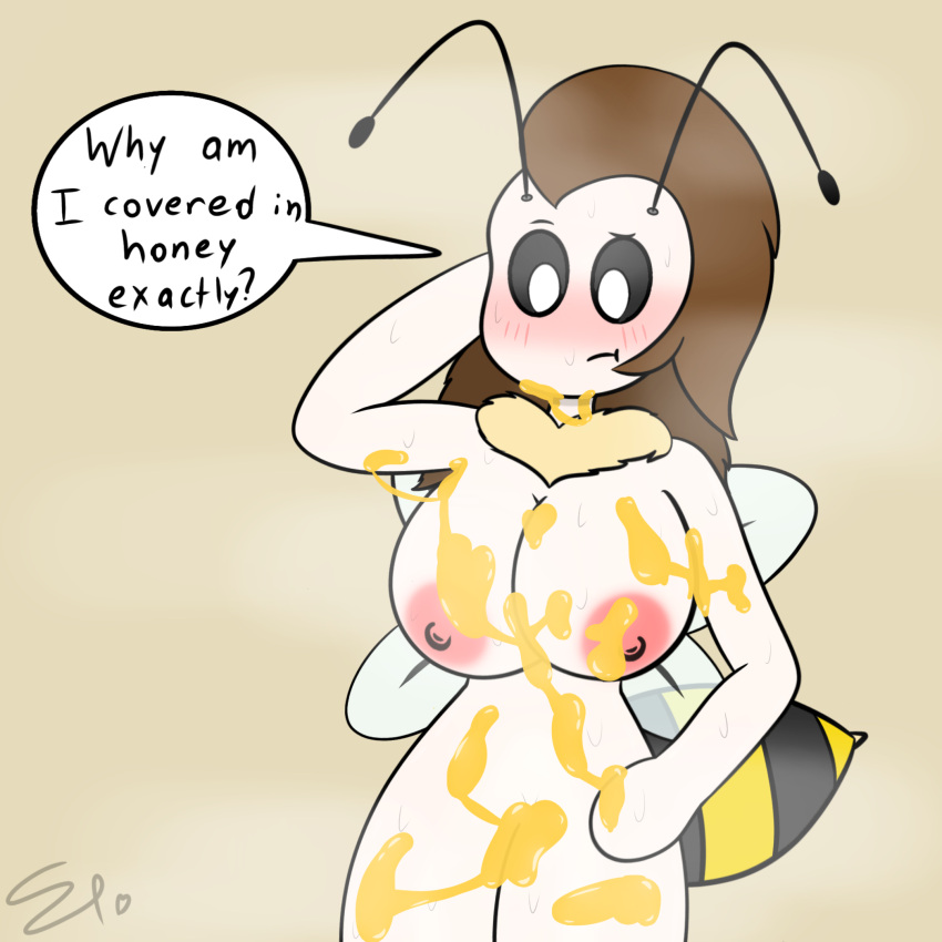 1girls 2021 ? antennae anthro bee bee_wings between_breasts big_breasts black_sclera blush blushing brown_hair bumba_bee confused english_text female female_focus female_only fingerless fur_collar honey huge_breasts naked nude