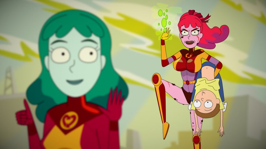 1boy 2girls big_breasts blurred_background blurred_foreground cameltoe cheesecake doppelganger evil_variant evil_version female male morty_smith multiple_girls pink_hair planetina pollutina redlever rick_and_morty