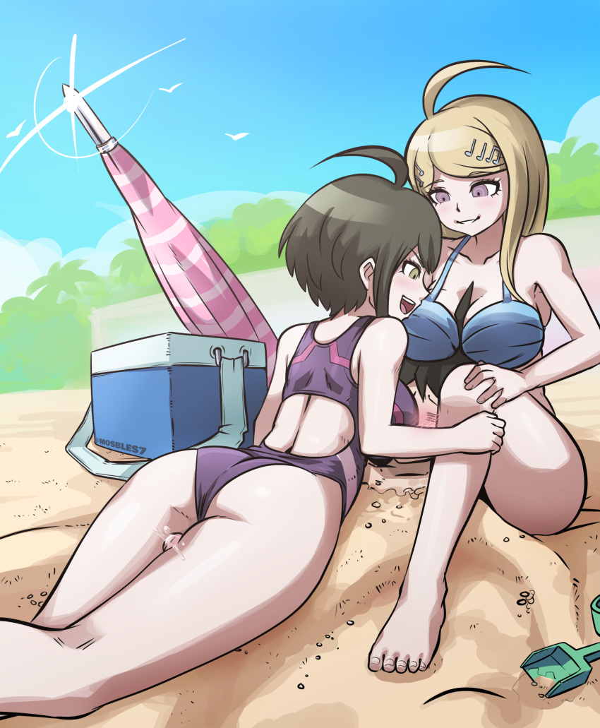 1boy 2girls ahoge akamatsu_kaede assertive background barefoot between_legs bikini blonde_hair breast_on_head breast_press buried_in_sand competition_swimsuit danganronpa danganronpa_2:_goodbye_despair danganronpa_s:_ultimate_summer_camp danganronpa_ultra_despair_girls danganronpa_v3 faceless_male feet femdom foot_fetish girl_sandwich green_hair hair_ornament hinata_hajime long_hair malesub mosbles multiple_girls naegi_komaru pink_hair precum short_hair submissive_male swimsuit teamwork thick_thighs thigh_sex toes video_games