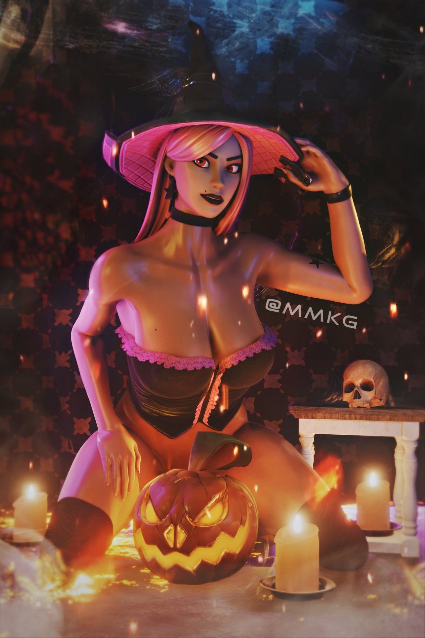 1girls 3d black_background black_lipstick black_stockings candles choker costume crystal earrings female fortnite fortnite:_battle_royale glowing_crystal halloween halloween_costume hand_on_own_thigh haze_(fortnite) jack-o'-lantern jack-o-lantern large_breasts looking_at_viewer magic mmkg_(artist) orange_background pierced_nipples piercing piercings pink_hair pumpkin red_eyes revealing_clothes revealing_costume shiny_skin skull slight_smile smirk star_earrings star_tattoo stockings tattoo watermark witch witch_hat