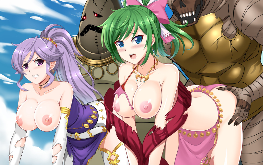 2girls 2monsters all_fours ambiguous_penetration ass_grab bent_over blue_eyes breasts breasts_out clothed_sex dress edit female fire_emblem fire_emblem:_genealogy_of_the_holy_war gangbang green_hair interspecies ishtar_(fire_emblem) lene_(fire_emblem) monster monster_rape multiple_girls nintendo open_mouth outdoors outside_sex purple_hair rape risen_(fire_emblem) skirt taken_from_behind the-sinner thighhigh_boots third-party_edit tongue torn_clothes