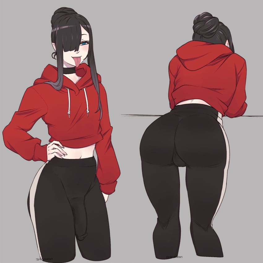 1boy 3rd_party_edit :p ass back_view backsack black_hair blue_eyes choker clothing edit femboy girly grey_background gyarusatan hair_over_one_eye hand_on_hip hi_res hoodie jogging_pants leaning_forward long_hair male male_only narrowed_eyes penis_bulge rainer_(gyarusatan) solo solo_male sportswear tied_hair tongue_out trap