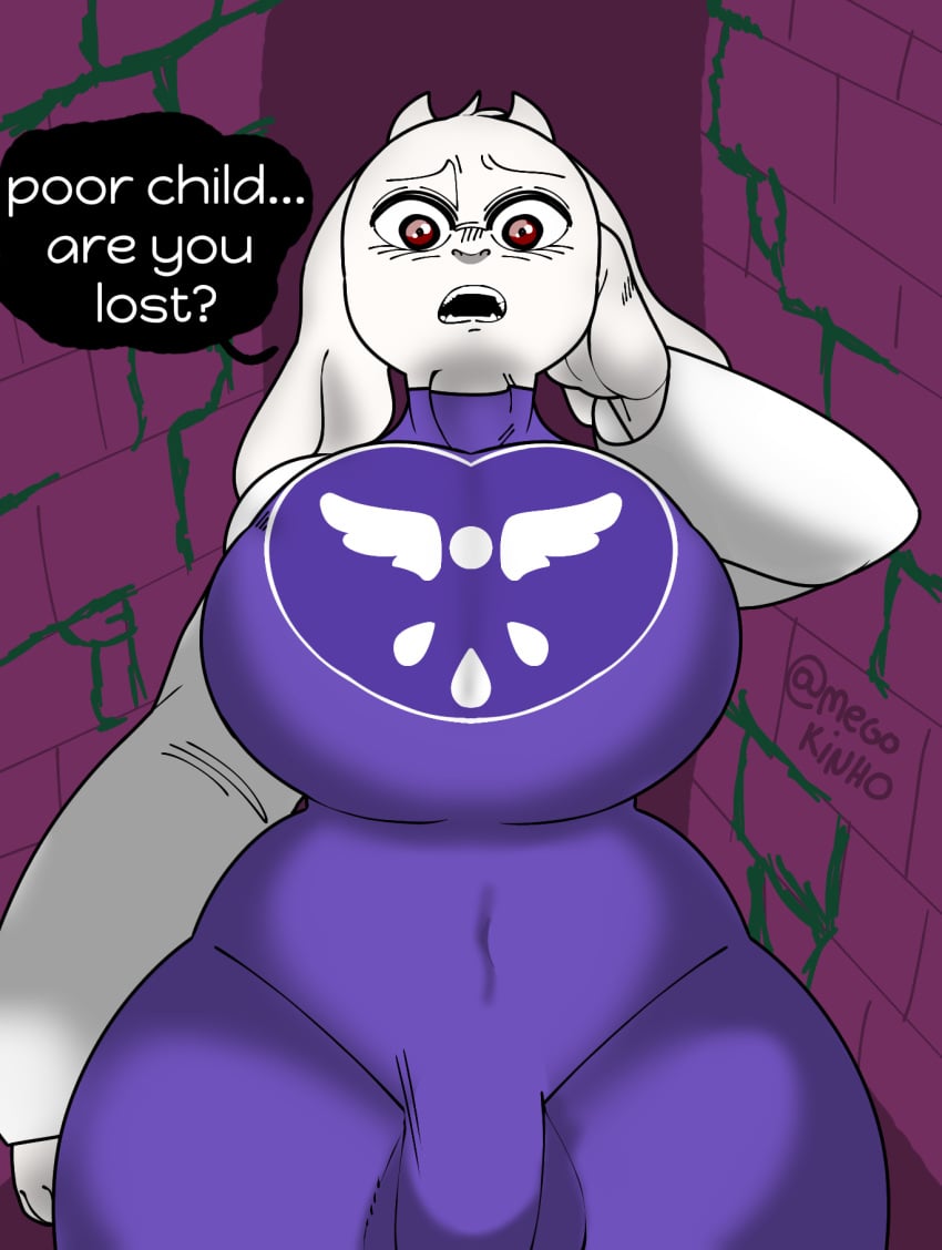 1futa background bbw big_breasts breasts bulge bulge_through_clothing chubby clothed clothing dialogue fully_clothed furry futa_only futanari hand_on_head horns huge_breasts long_ears low-angle_view mammal megokinho mommy_kink penis pov purple_background solo standing text thick_thighs toriel undertale white_fur wide_hips