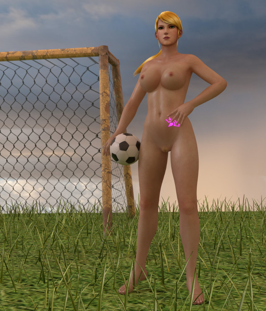 3d barrier blonde_hair breasts female field jc-starstorm legs metroid nintendo nude pussy road samus_aran soccer soccer_net solo standing tattoo