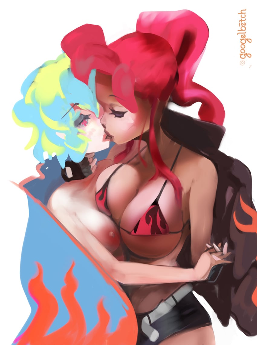 2girls artist_signature big_breasts bikini_top blue_hair googelbitch kissing large_breasts multiple_girls nia_teppelin nude red_hair shorts small_breasts standing tengen_toppa_gurren_lagann white_background yoko_littner yuri