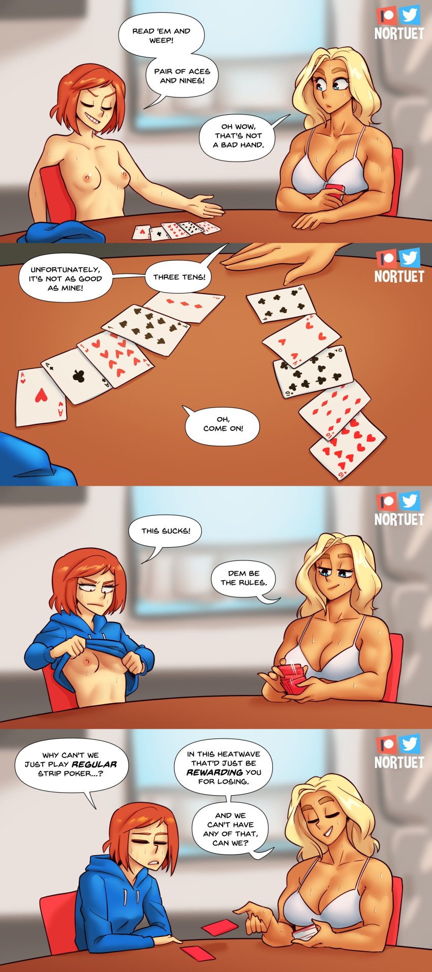 2girls beverly_(nortuet) big_breasts blonde_hair blue_eyes bra breasts cleavage closed_eyes clothed clothing comic dressing english_text female_focus female_only happy_female hi_res humor long_hair medium_hair meme multiple_girls nortuet nortuet_universe original red_hair revealing_clothes simple_background smile tara_(nortuet) text underwear unhappy_female watermark