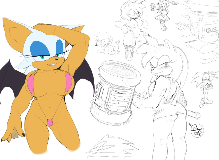 amy_rose anthro bedroom_eyes big_breasts bikini breasts chiropteran clothed clothing eulipotyphlan female hedgehog hi_res knuckles_the_echidna legwear mammal narrowed_eyes nipples no_underwear rouge_the_bat seductive sega sjerty sketch sketch_page smile solo sonic_(series) sonic_the_hedgehog swimwear tails tight_clothing wings