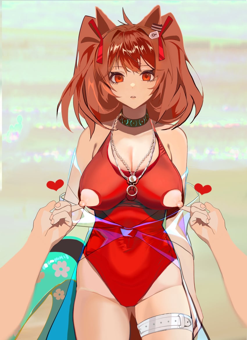 angelina_(arknights) angelina_(summer_flowers)_(arknights) animal_ears areolae arknights artist_request ass_visible_through_thighs bare_shoulders big_breasts breasts brown_hair choker exposed_nipples female hair_ribbon heart ken_(artist) large_breasts looking_at_viewer medium_hair navel navel_visible_through_clothes necklace nipple_cutout nipple_tweak nipples one-piece_swimsuit pov red_eyes see-through see-through_clothing surprised swimsuit tagme thick_thighs thighs