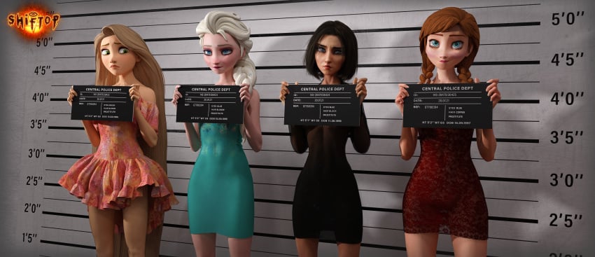 3d 4girls anna_(frozen) arrest bioshock bioshock_infinite captured caught caught_in_the_act clothing daz3d daz_studio disney disney_princess dress elizabeth_comstock elsa_(frozen) embarrassed frozen_(film) mugshot pose prisoner prostitution rapunzel shiftop sisters tangled young