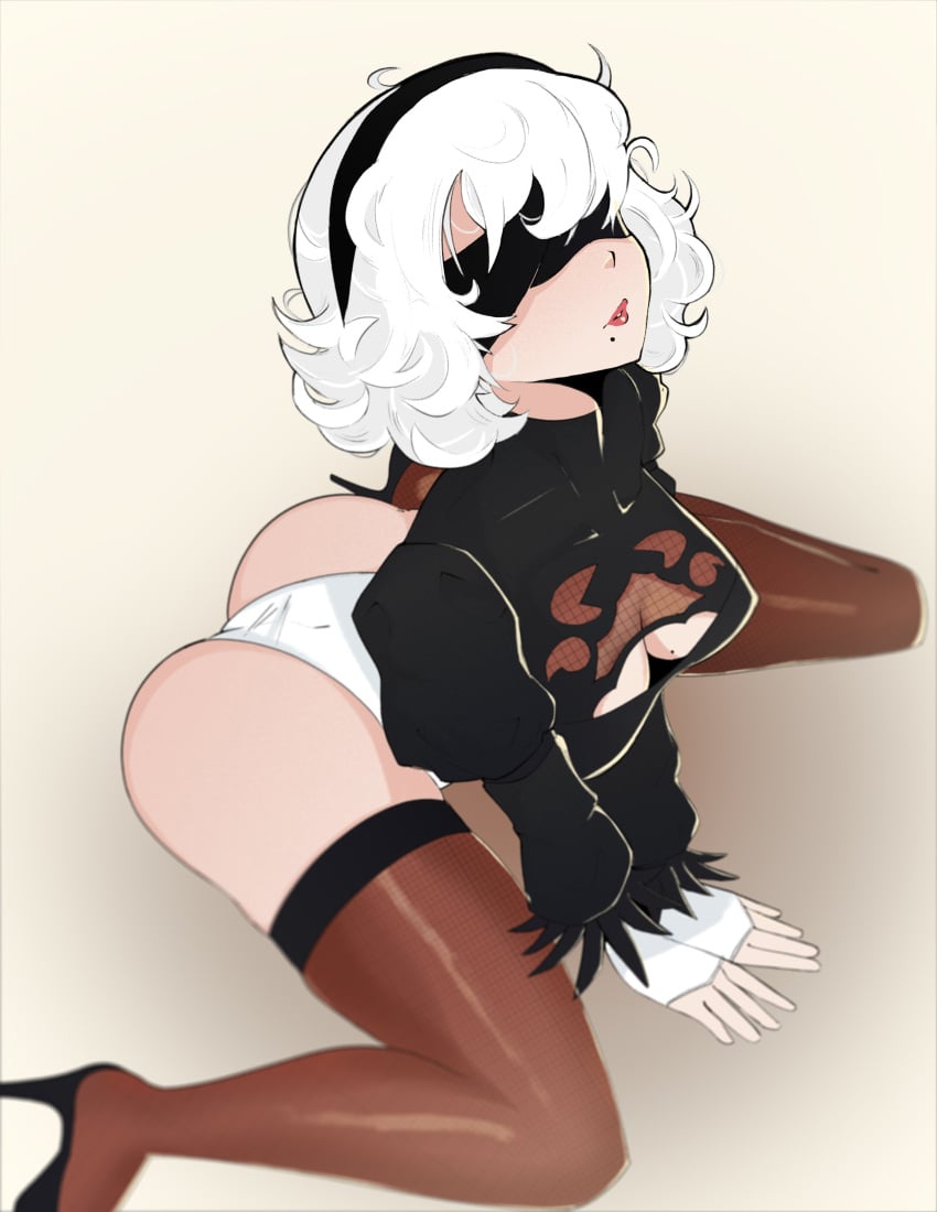 aidancore ass big_ass big_butt blindfold boob_window breasts curly_hair cute dat_ass fat_ass headband heels nier nier:_automata red_lipstick sitting white_hair yorha_2b