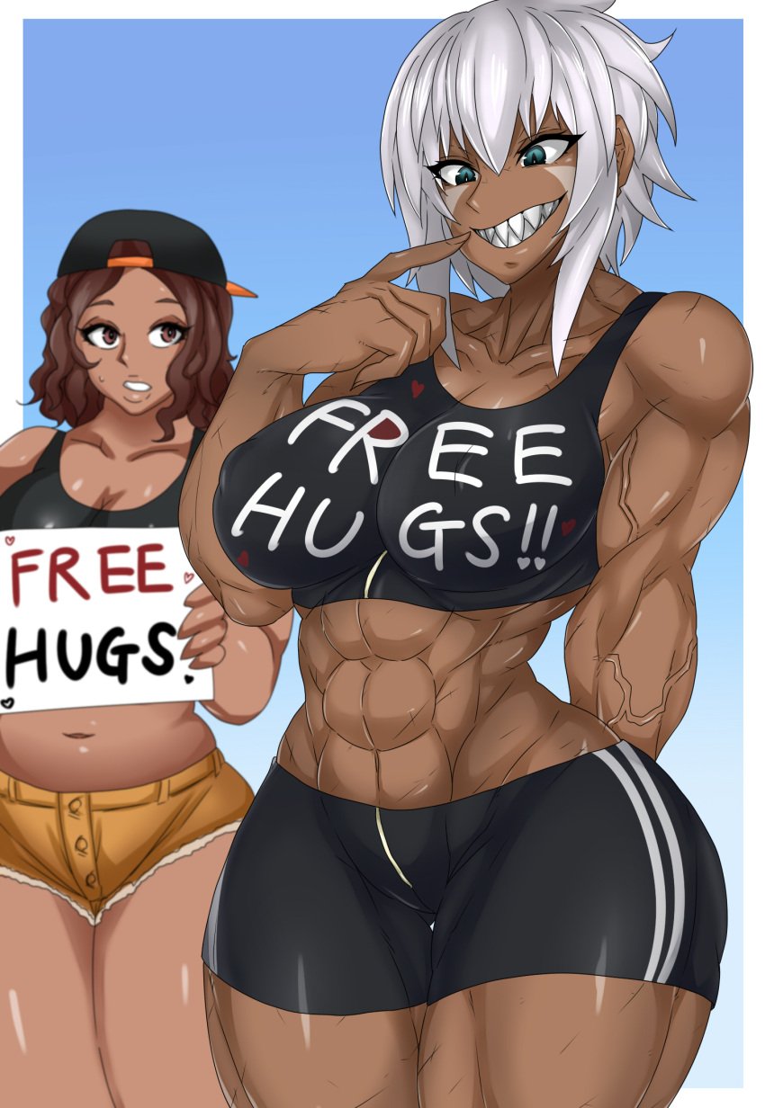 1girls abs big_breasts blush dark-skinned_female dark_skin free_hugs holding_sign muscular_female original sharp_teeth sign sportswear tagme tomboy veiny white_hair zinga_(zokusuke) zokusuke