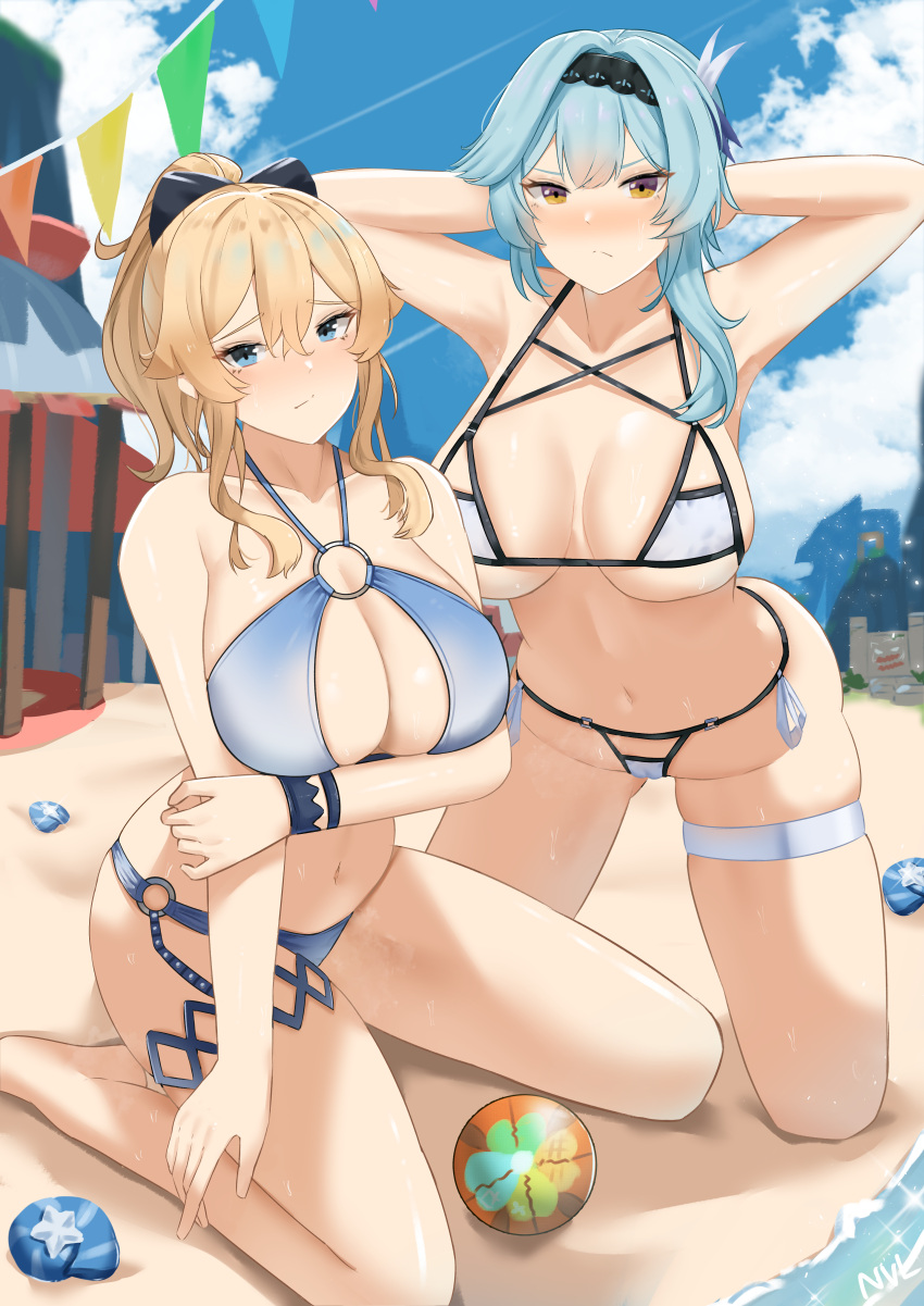 2021 2girls angry arm_grab arm_under_breasts armpits arms_behind_head arms_up artist_signature asymmetrical_hair beach belly_button bikini blonde_hair blue_bikini blue_eyes blue_hair blue_sky blush cleavage embarrassed eula_(genshin_impact) female female_focus female_only genshin_impact hair_ornament hairband hi_res jean_gunnhildr kneeling looking_at_viewer medium_hair nvl o-ring o-ring_bikini outdoors ponytail sand seashell sexy_armpits shiny_skin skindentation sweat swimsuit thick_thighs thigh_strap thighs underboob very_high_resolution water white_bikini yellow_eyes