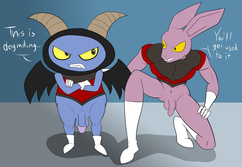 2boys anthro balls blue_body blue_skin bottomless clothed clothing crossed_arms crouching darkajugin dragon_ball dragon_ball_super duo dyspo flaccid foreskin genitals hi_res horn imp lagomorph male male_focus male_only mammal penis purple_body purple_skin shortstack uniform wings yellow_eyes zoiray