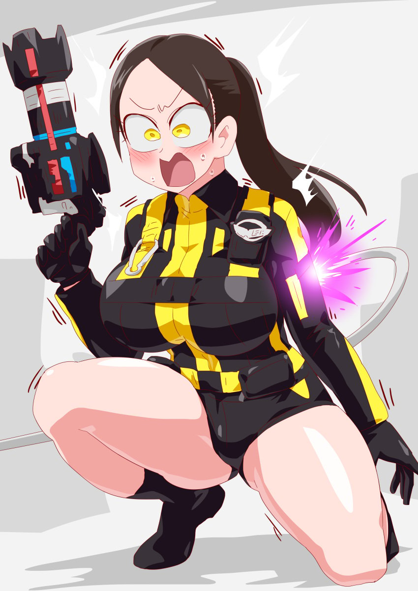 1girls big_breasts big_thighs black_boots black_gloves blush boots breasts brown_hair clothed clothing curvaceous curvy curvy_female curvy_figure female gloves grey_background gun holding holding_gun holding_object holding_weapon kneeling long_hair oblivious open_mouth otokam1117 pain posing posing_with_weapon shaking shivering shocked shocked_expression short_shorts sole_female solo_female solo_focus stab super_sentai sweat sweatdrop tentacle thick_thighs thighs tied_hair tight_clothing tight_fit tokumei_sentai_go-busters tokusatsu usami_youko voluptuous weapon white_background yellow_buster yellow_clothing yellow_eyes