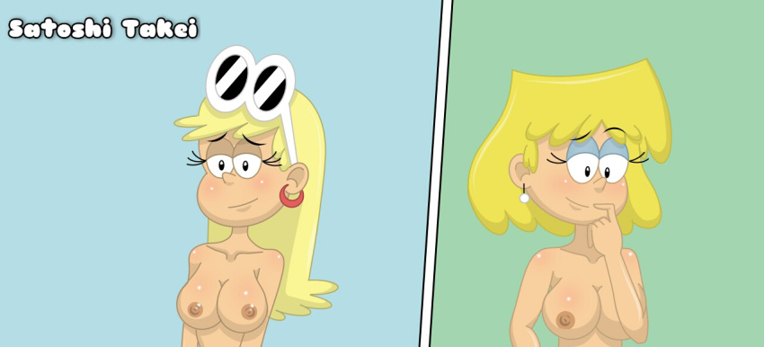 2girls areolae big_breasts blonde_hair blush blushing breasts duo eyelashes eyeshadow eyewear_on_head female female_only half-closed_eyes leni_loud lori_loud multiple_girls nipples nude satoshi_takei sunglasses_on_head the_loud_house