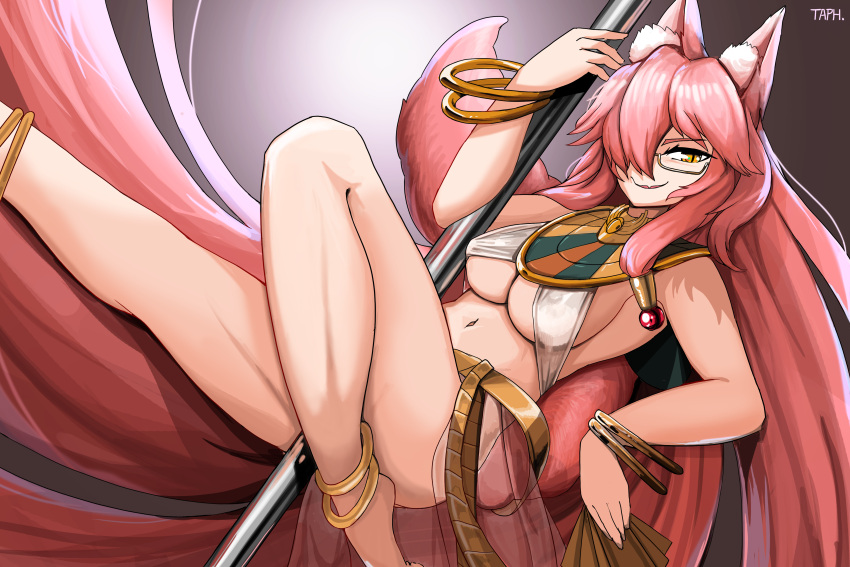 1girls amaterasu_(fate) anklet artist_signature bracelet breasts dancing exposed_stomach fangs fate/grand_order fate_(series) female fox_ears fox_girl fox_tail glasses gold grin grinning hair_over_one_eye hand_on_pole holding_pole indian_clothes indian_costume jewelry koyanskaya_(fate) legs_raised long_hair looking_at_viewer medium_breasts pink_background pink_eyebrows pink_hair pole pole_dancer pole_dancing posing pov seductive seductive_gaze seductive_look smug smug_face smug_grin sole_female solo_female solo_focus stripper stripper_pole taphris yellow_eyes