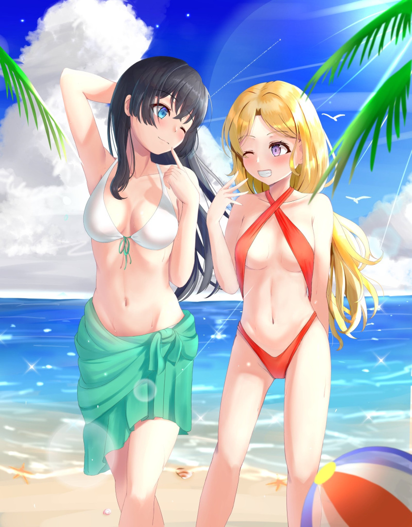 2020 2020s 2girls ;) arm_up ball bangs bare_shoulders beach beachball bikini black_hair blonde_hair blue_eyes blue_sky breasts cloud collarbone commentary day eyebrows_visible_through_hair female female_only frenda_seivelun grin groin hair hand_up highres long_hair looking_at_another medium_breasts multiple_girls navel nose_(oekaki1825) official_alternate_costume one_eye_closed outdoors parted_bangs purple_eyes red_bikini sarong saten_ruiko sky sling_bikini_top small_breasts smile starfish swimsuit tagme teenage_girl teenager to_aru_kagaku_no_railgun to_aru_majutsu_no_index water white_bikini young