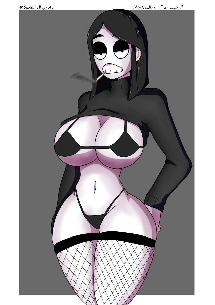 2021 black_bra black_hair black_panties black_sweater bra cigarette curvy fanart female fishnet_stockings fishnets gasketxbaskets goth looking_at_viewer panties revealing_clothes smoke solo_female veronica_(saltynoodles) voluptuous white_skin