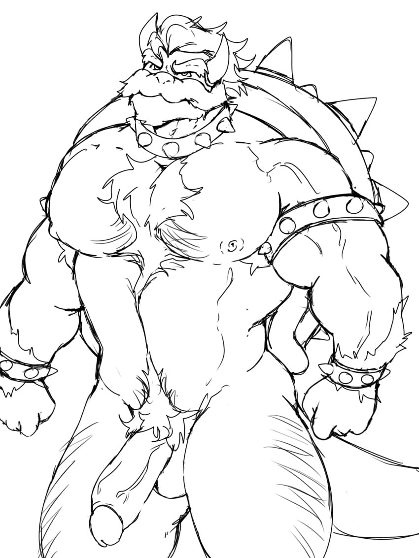 3:4 anthro ass beard big_legs big_pecs bowser clothing collar digital_media_(artwork) facial_hair fist fur genitals hair hi_res himbo horn humanoid_hands huuxian koopa legwear looking_at_viewer male male_only mario_(series) monochrome muscular muscular_anthro muscular_arms muscular_male nintendo nipples pecs penis penis_through_fly poking_out pose pubes reptile scalie shell solo spiked_collar spikes thigh_highs video_games