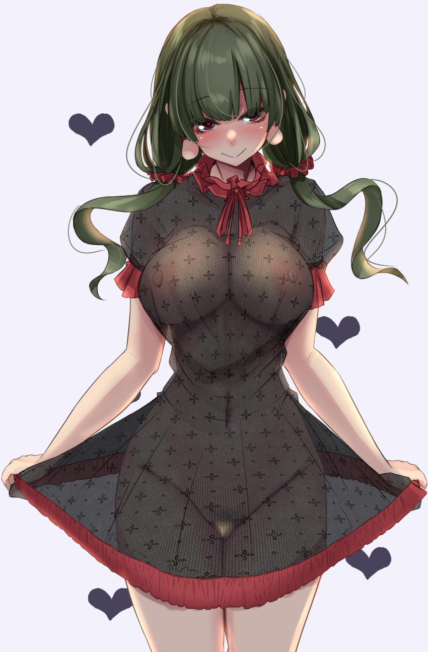 alternate_costume alternate_hair_color areolae bangs blush breasts covered_nipples cowboy_shot dress ebisu_eika eyebrows_visible_through_hair female green_hair hair_between_eyes heart highres large_areolae large_breasts long_earlobes looking_at_viewer navel nightgown older puffy_nipples puffy_short_sleeves puffy_sleeves red_eyes red_neckwear red_ribbon ribbon see-through short_sleeves simple_background solo standing thighs touhou upper_body white_background yukito_(dreamrider)