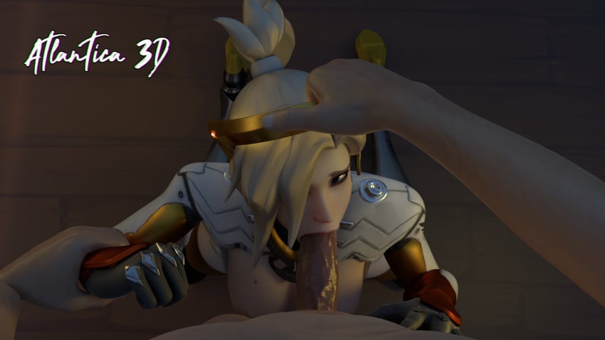 1girls 3d arm_grab atlantica3d blonde_hair blowjob blue_eyes breasts clothed_sex clothing fellatio female male mercy nipples open_mouth oral overwatch penis ponytail restrained short_hair torn_clothes wrist_grab