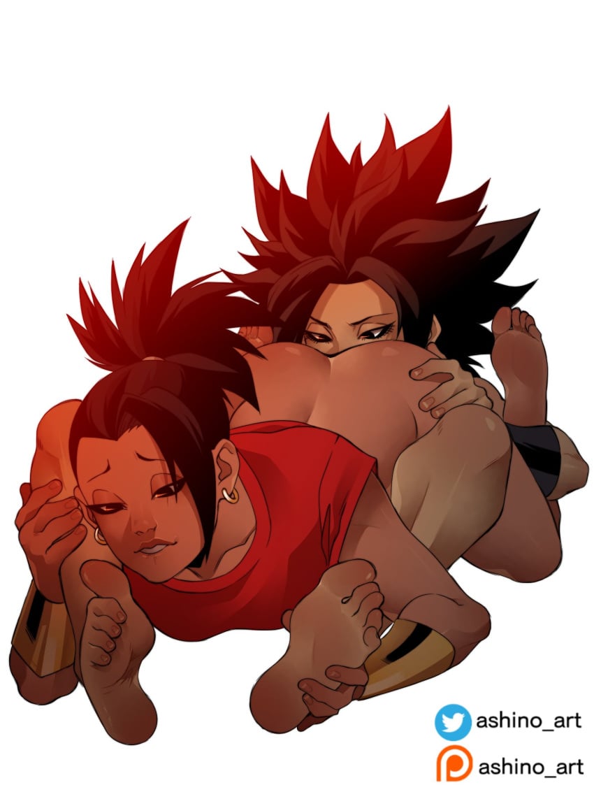 2girls 69 69_position arm_guards ashino_art bangs bare_ass bare_legs barefoot bent_over black_hair caulifla cunnilingus dragon_ball dragon_ball_super earrings feet feet_up female female/female female_only female_with_female hoop_earrings jewelry kale kneeling lesbian_sex light-skinned_female light_skin logo long_hair looking_pleasured lying lying_on_back multiple_girls no_underwear oral oral_sex partially_clothed plain_background reclining saiyan shirt simple_background sitting sitting_on_person soles spiky_hair tied_hair toes url watermark web_address yuri