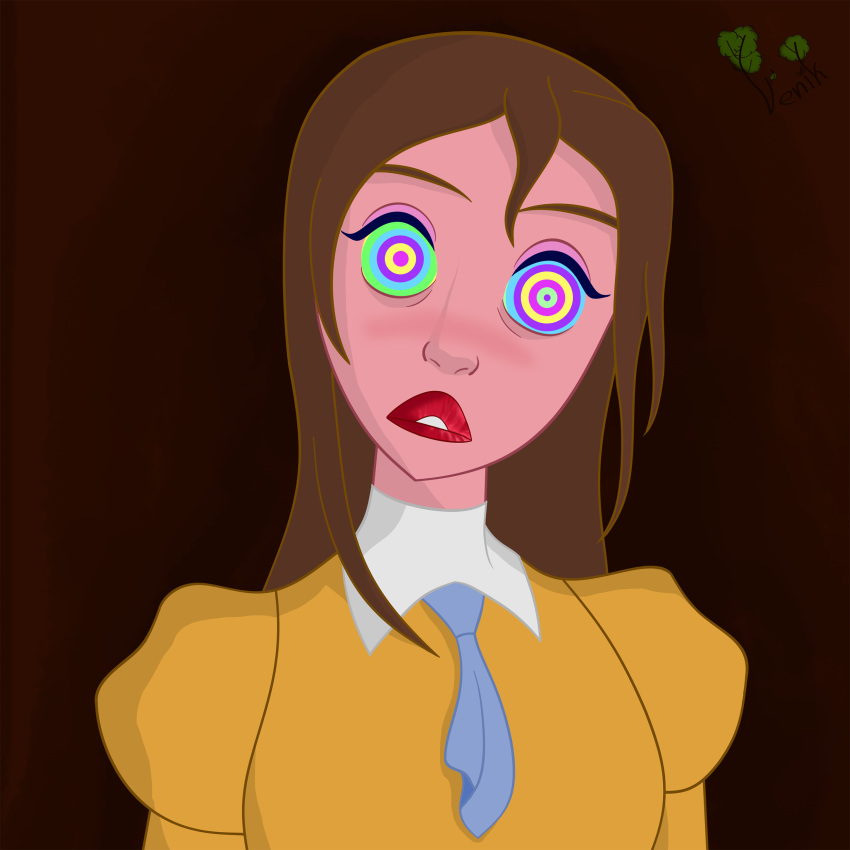 absurdres big_lips blush blushing brown_hair clothed color colored disney female female_focus female_only femsub head_tilt hypnosis hypnotized jane_porter kaa_eyes lipstick makeup mind_control puffy_sleeves red_lipstick simple_background tarzan_(1999_film) venik what yellow_clothing