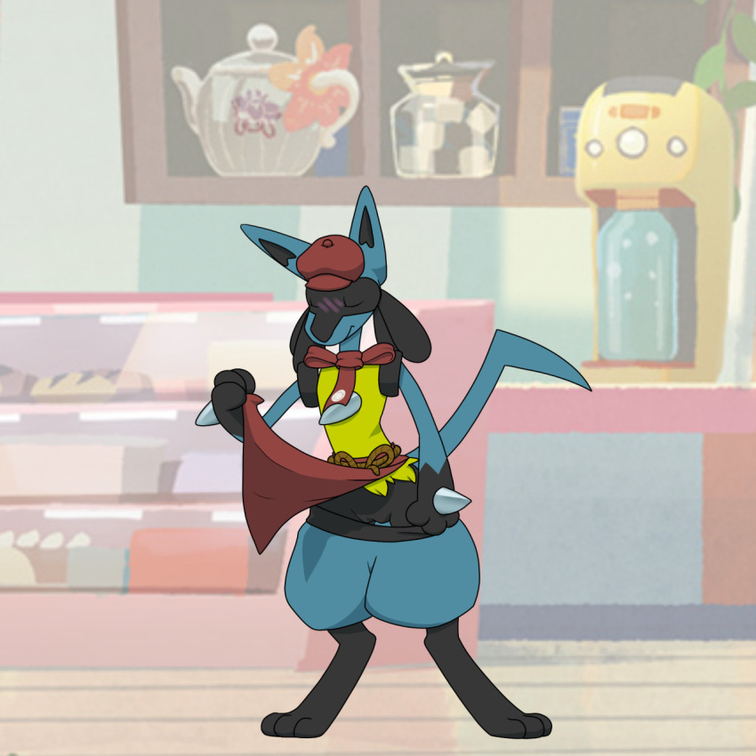 1:1 blush clothed clothing clothing_lift female feral flashing_pussy hi_res humanoid lucario nintendo pants_down partially_clothed pokemon pokemon_(species) pokemon_cafe_mix public_exposure sillydraco solo solo_focus video_games