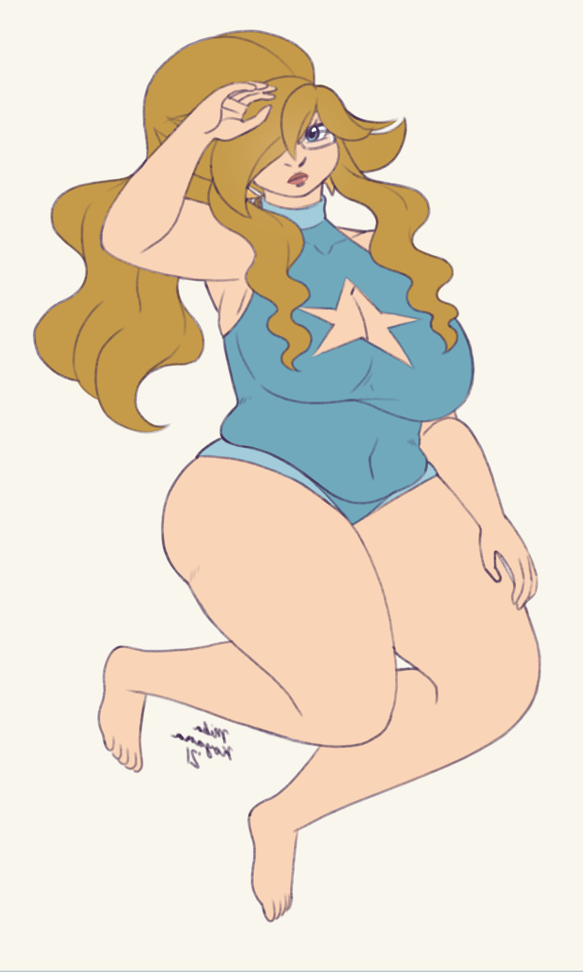 1girls big_breasts bimbo blonde_hair breast_window breasts chubby cleavage cleavage_cutout earrings female female_only full_body glasses long_hair mario_(series) one-piece_swimsuit princess_rosalina proton_jon rosajon simple_background slightly_chubby solo super_mario_galaxy thick_thighs