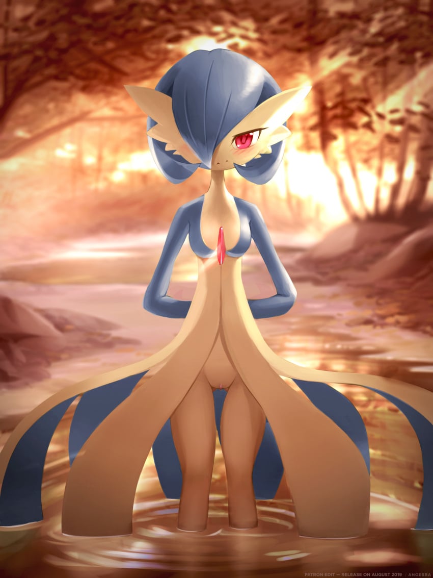 :3 absurdres alternate_color alternate_eye_color ancesra anthro arms_behind_back artist_name ass_visible_through_thighs bangs blue_skin blurry blurry_background blush bob_cut bottomless breasts clitoral_hood clitoris closed_mouth colored_skin english_text female female_gardevoir forest gardevoir hair_over_one_eye half-closed_eyes happy highres labia light_rays looking_at_viewer multicolored multicolored_skin nature nintendo outdoors partially_submerged patreon_username pokémon_(species) pokemon pokemon_(species) pokemon_rse pussy red_eyes ripples shiny_pokemon short_hair small_breasts smile solo standing straight-on stream sunlight sunset tree two-tone_skin uncensored vulva wading water watermark white_skin