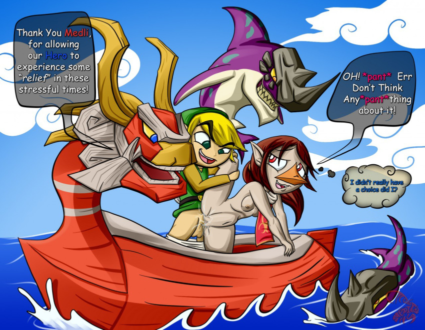 1boy 1girls boat brown_hair cicada clothed_male_nude_female clouds dialogue dubious_consent english_text gyorg implied_rape king_of_red_lions link medli monster naked naked_female nude nude_female ocean on_boat outside rito sex sky speech_bubble text the_legend_of_zelda the_wind_waker toon_link water wind_waker young young_couple