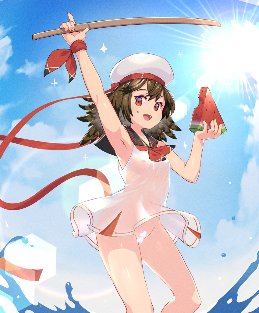 azur_lane bluesnail bottomless brown_eyes brown_hair covered_nipples dress food fruit hat heart_censor highres lens_flare looking_at_viewer nipples no_panties oite_(azur_lane) open_mouth pussy see-through smile sword water watermelon