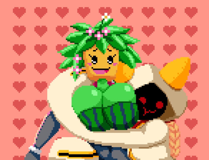 2d 2d_animation 2girls animated anthro anthro_only big_breasts blaster_master blaster_master_zero_2 blazblue blush breast_press breast_squeeze cat_ears cat_hood cat_humanoid cleavage cute faceless_female female female_focus female_only flower_in_hair green_hair happy heart heart_background hug huge_breasts kanna_(blaster_master) large_breasts mob_face multiple_girls pixel_animation pixel_art plant_girl plant_hair plant_humanoid plantie shadowed_face spinneborg taokaka wholesome