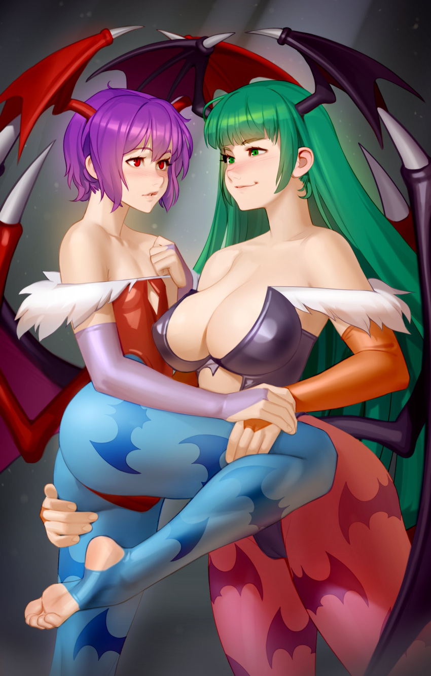 2girls big_breasts blush clothed clothing darkstalkers demon demon_girl demon_wings feet feet_up flat_chest grabbing grabbing_ass green_eyes green_hair head_wings kairuhentai kairunoburogu large_breasts lilith_aensland long_hair morrigan_aensland purple_hair red_eyes short_hair sisters small_waist soles stirrup_legwear succubi succubus voluptuous wide_hips