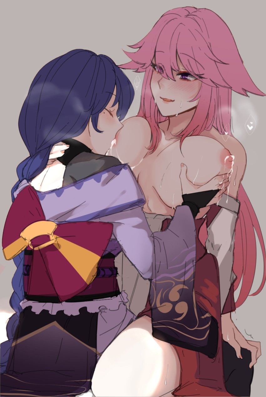 2girls breast_grab breast_sucking breasts genshin_impact hinagi_(fox_priest) lactation milking pink_hair purple_hair raiden_shogun squeezing_breast sucking_nipples yae_miko yuri