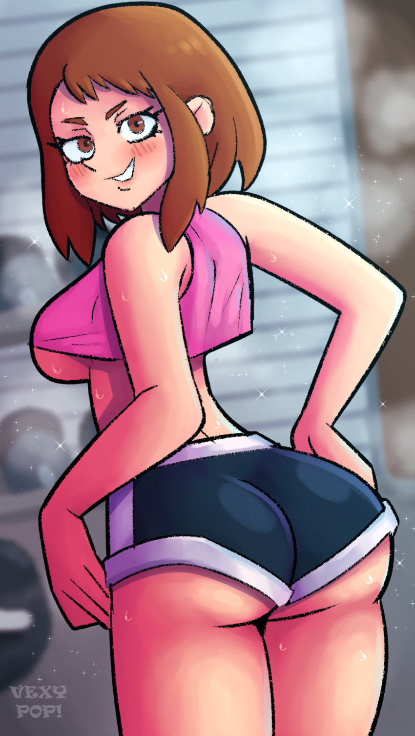 1girls ass blush brown_eyes brown_hair clothed clothing color female looking_at_viewer looking_back my_hero_academia no_bra ochako_uraraka sideboob smile smiling_at_viewer solo solo_female sweat sweatdrop tagme vexypop