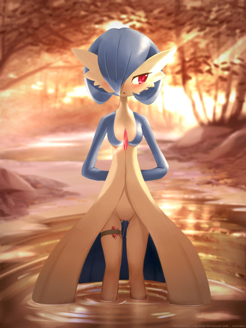 :< absurdres alternate_color alternate_eye_color ancesra anthro arms_behind_back artist_name ass_visible_through_thighs bangs blue_skin blurry blurry_background blush bob_cut breasts closed_mouth colored_skin controller embarrassed english_text female female_gardevoir forest gardevoir hair_over_one_eye half-closed_eyes highres light_rays looking_away looking_to_the_side multicolored multicolored_skin nature nintendo nose_blush object_insertion outdoors partially_submerged patreon_username pokémon_(species) pokemon pokemon_(species) pokemon_rse pussy pussy_juice red_eyes remote_control remote_control_vibrator ripples sex_toy shiny_pokemon short_hair skindentation small_breasts solo standing straight-on stream sunlight sunset thigh_strap tree two-tone_skin uncensored vaginal_object_insertion vaginal_penetration vibrator vibrator_cord wading water watermark white_skin