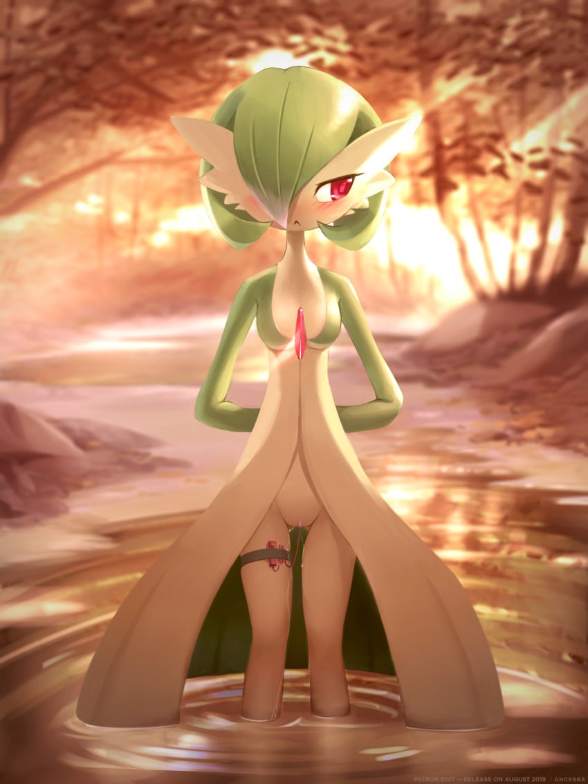 :< absurdres ancesra anthro arms_behind_back artist_name ass_visible_through_thighs bangs blurry blurry_background blush bob_cut breasts closed_mouth colored_skin controller embarrassed english_text female forest gardevoir gen_3_pokemon green_skin hair_over_one_eye half-closed_eyes highres light_rays looking_away looking_to_the_side multicolored multicolored_skin nature nintendo nose_blush object_insertion outdoors partially_submerged patreon_username pokémon_(species) pokemon pokemon_(species) pokemon_rse pussy pussy_juice red_eyes remote_control remote_control_vibrator ripples sex_toy short_hair skindentation small_breasts solo standing straight-on stream sunlight sunset thigh_strap tree two-tone_skin uncensored vaginal_object_insertion vaginal_penetration vibrator vibrator_cord wading water watermark white_skin