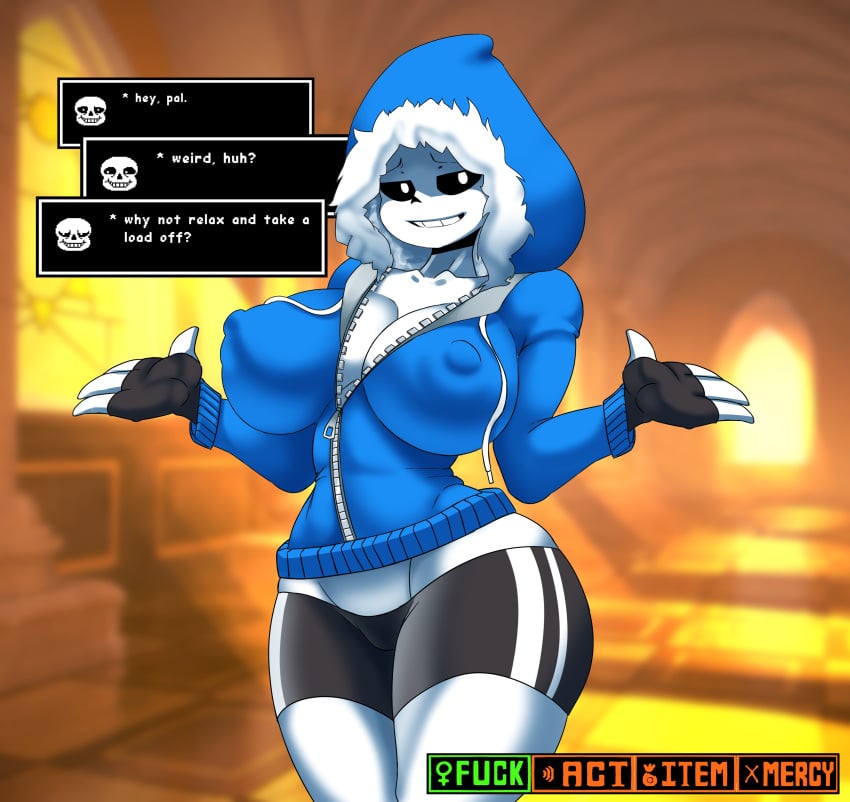 ashraely big_breasts breasts dialog dialogue english_text female female_only female_sans fingerless_gloves genderswap looking_at_viewer nipple_bulge nipples_visible_through_clothing rule_63 sans shorts solo solo_female tagme text text_box thighs undertail undertale