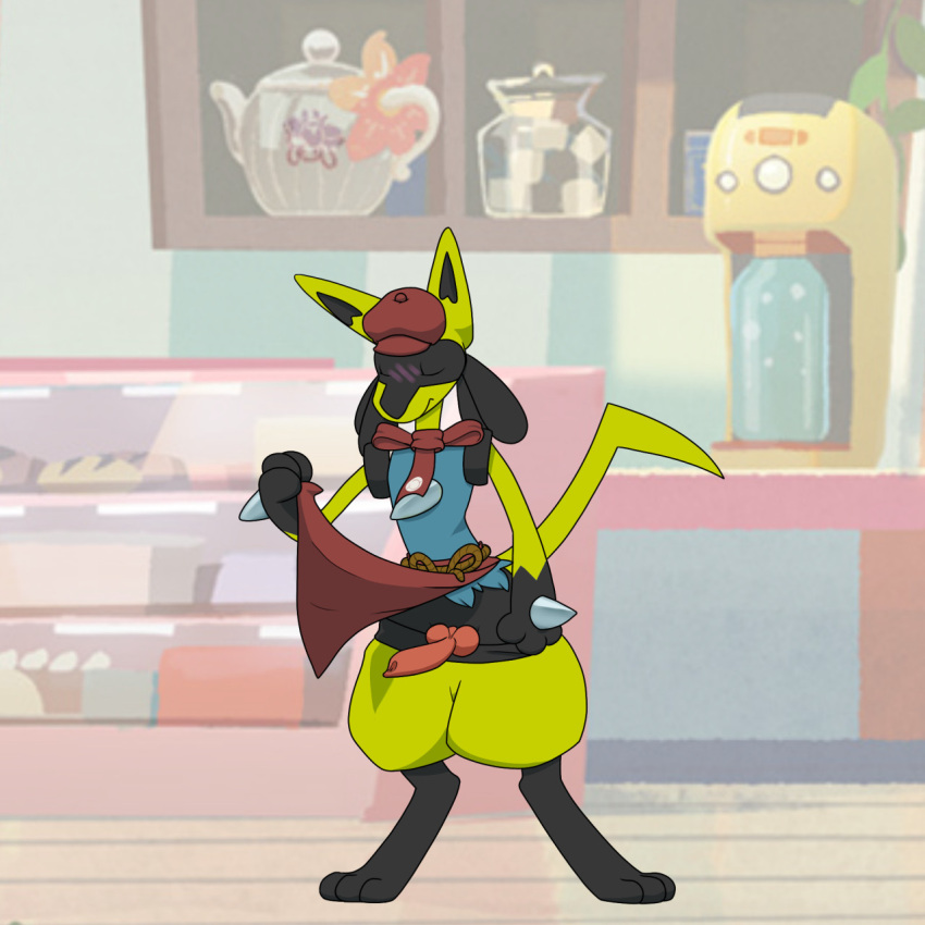 1:1 anthro blush clothed clothing clothing_lift hi_res humanoid lucario male male_only nintendo pants_down partially_clothed penis pokemon pokemon_(species) pokemon_cafe_mix public_exposure sillydraco solo solo_focus video_games