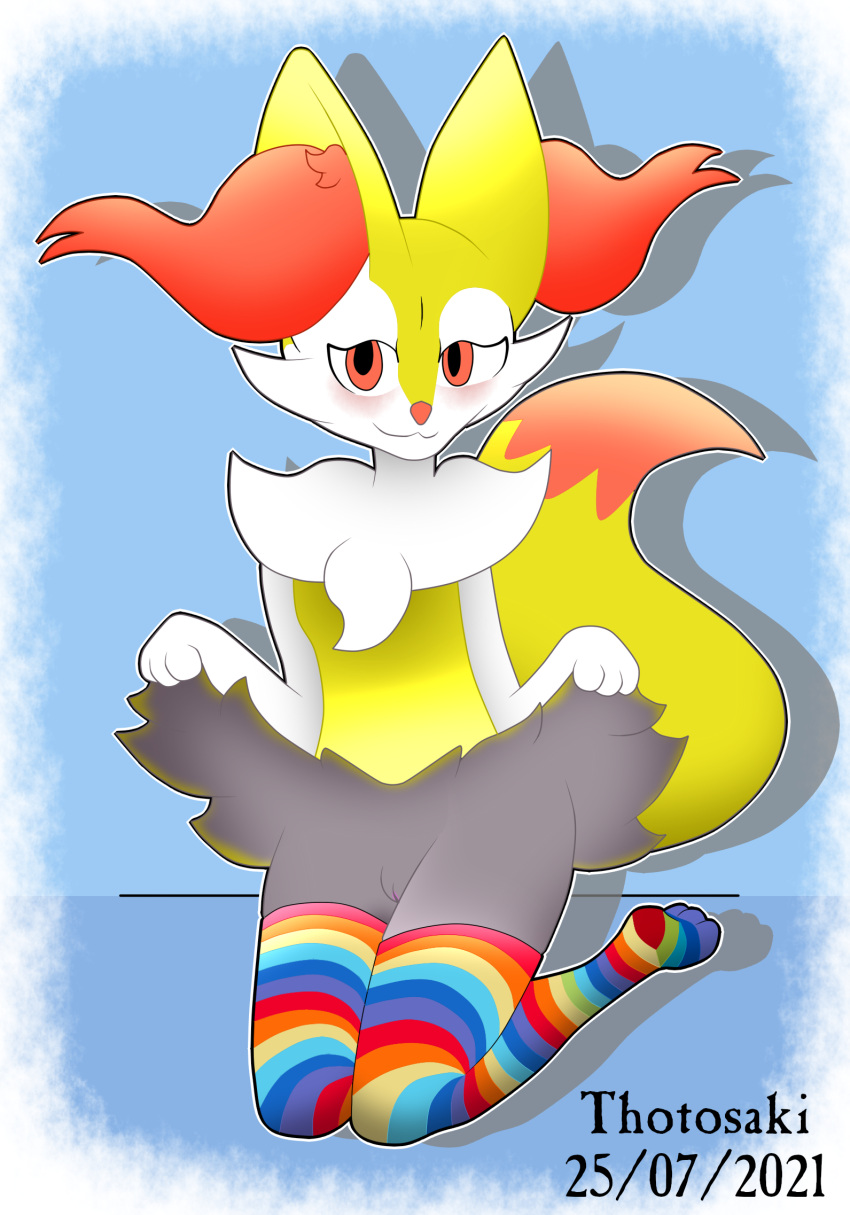 anthro braixen clothing female genitals hi_res katsurokurosaki kneeling legwear nintendo pokémon_(species) pokemon pokemon_(species) presenting pussy shy stockings video_games