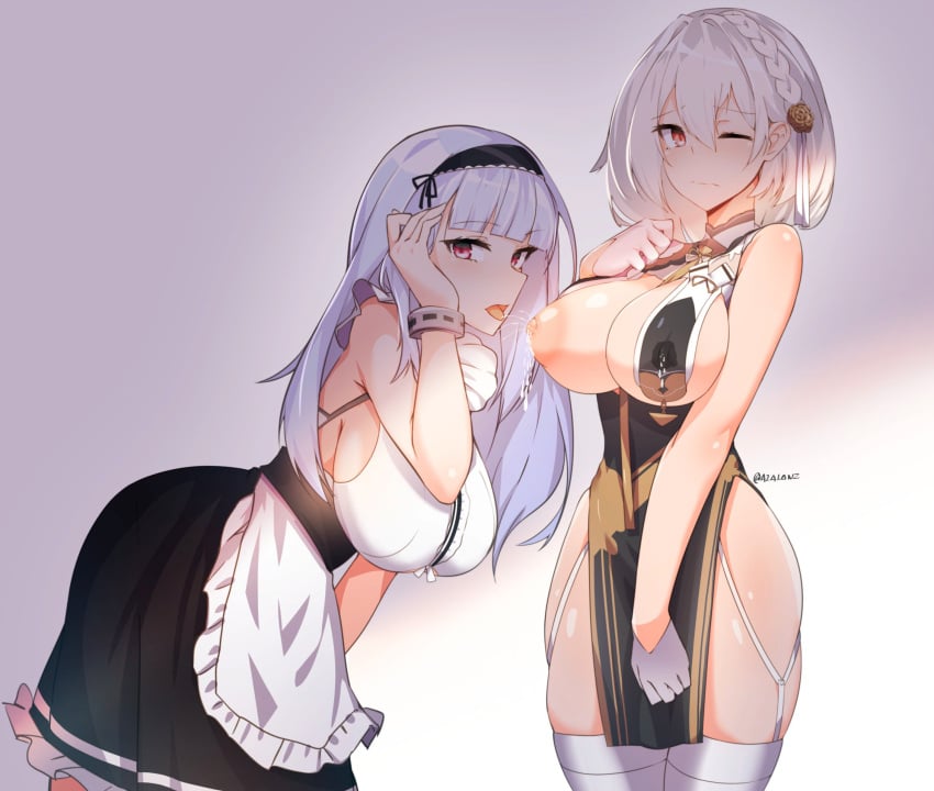 2girls anchor_choker apron areolae asian_clothes azur_lane bangs black_hair_ornament black_hairband blunt_bangs blush breast_curtains breast_hold breasts breasts_out_of_clothes capelet center_frills chinese_clothes choker closed_mouth clothing clothing_cutout cowboy_shot curvaceous dido_(azur_lane) dress embarrassed erect_nipples erect_nipples_under_clothes eyebrows_visible_through_hair female frilled_choker frills gloves gradient gradient_background hair_between_eyes hairband hanging_breasts high_resolution highres huge_breasts lace-trimmed_hairband lace_trim lactation lactation_through_clothes lactation_without_expressing large_areolae legwear long_hair looking_at_viewer maid maid_apron milk_squirt multiple_girls neckwear_between_breasts nipples one_eye_closed open_mouth pelvic_curtain puffy_areolae red_eyes revealing_clothes see-through see-through_sleeves shiny shiny_skin shirt side_slit sideboob sirius_(azur_lane) sirius_(azure_horizons)_(azur_lane) skindentation sleeveless sleeveless_shirt thighhighs third-party_edit tilt-shift tilt-shift_(azalanz) tongue tongue_out twitter_username two-tone_leotard underboob underboob_cutout waist_apron wet wet_clothes wet_dress white_apron white_gloves white_hair white_legwear yuri