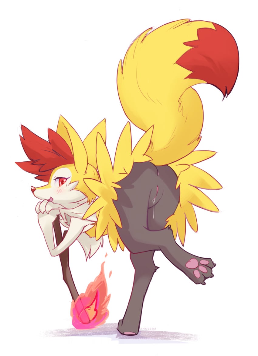 ancesra animal_ear_fluff animal_ears animal_nose anus artist_name ass bent_over black_fur blush body_fur braixen claws english_commentary feet female fire flat_chest fox_ears fox_girl fox_tail from_behind full_body furry furry_female hands_together happy highres leg_up looking_at_viewer looking_back nipples open_mouth pawpads paws pokémon_(species) pokemon pokemon_(species) presenting purple_fire pussy pussy_juice red_eyes simple_background smile snout solo standing standing_on_one_leg stick tail tail_raised uncensored watermark white_background white_fur yellow_fur