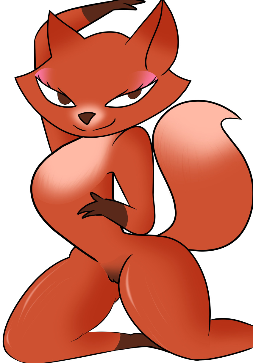 anthro bedroom_eyes brown_eyes brown_fur canine cartoony curvy_body female female_only fluffy fluffy_tail fox fox_(skunk_fu!) genitals no_nipples orange_fur pussy simple_background skunk_fu! smile solo tail thick_thighs two_tone_fur wallyroo white_background