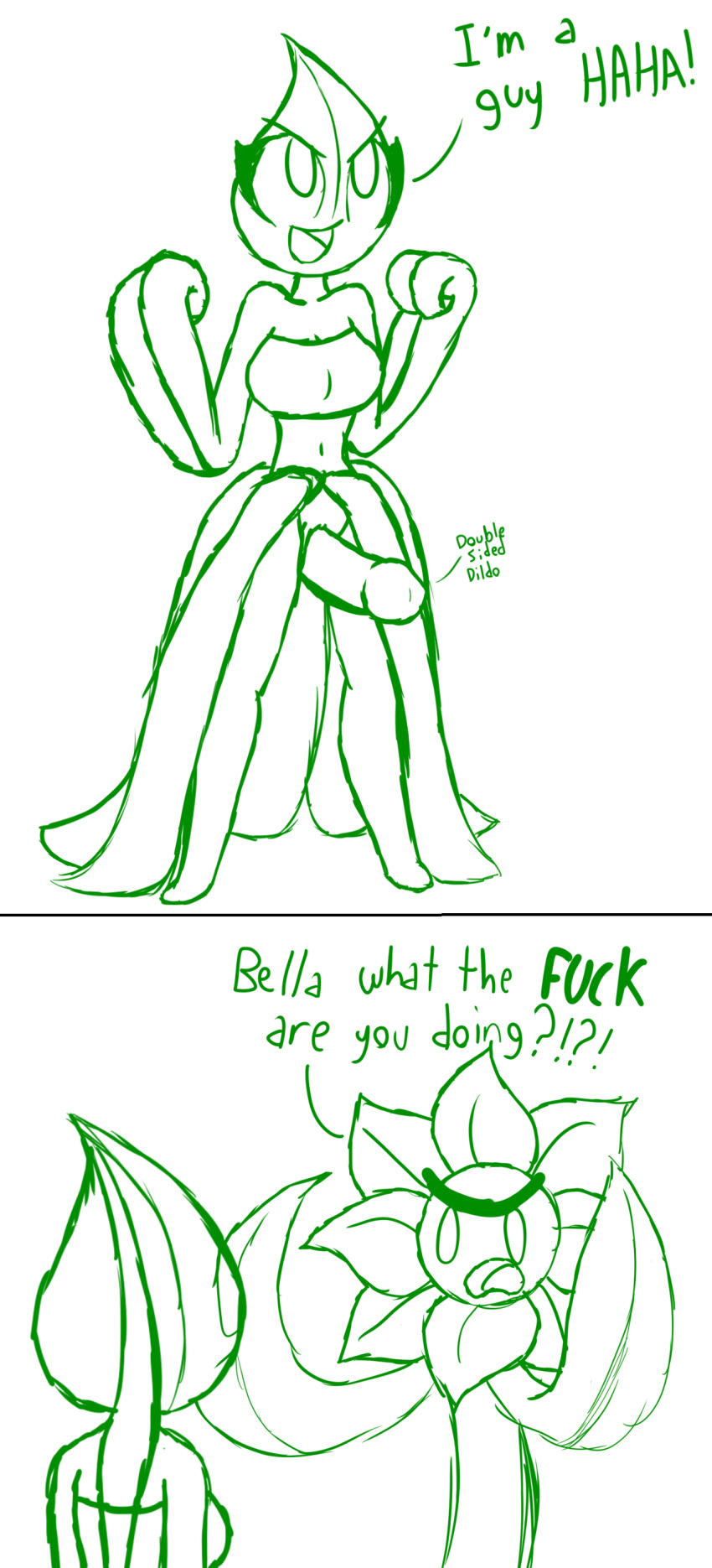 2koma angry anthro bella_(screwroot) bottomless bottomless_female comic copihue dildo double_dildo double_sided_dildo dress english_text female flora_fauna flower joke male navel no_color open_mouth plantie profanity pussy root_(screwroot) screwroot sunflower text unibrow white_background