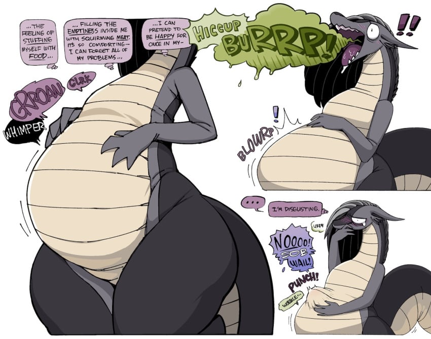 ! !! abdominal_bulge anthro ashe_(shyguy9) belly big_belly burp burping comic dialogue dragon english_text female imminent_death open_mouth oral_vore scalie shyguy9 simple_background soft_vore speech_bubble stomach_bulge text thought_bubble vore white_background