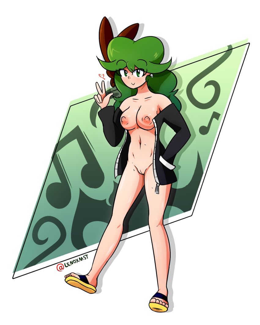 1girls breasts ear_piercing female green_eyes green_hair jacket lenoxmst looking_at_viewer medium_hair medley_(lenoxmst) mostly_nude nipples oc original original_character pussy sandals solo vagina white_skin